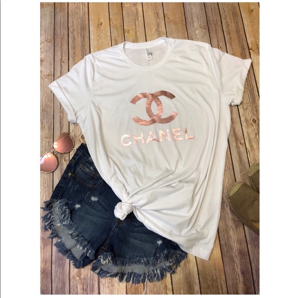Rose Gold Chanel Cc Symbol White Tshirt 